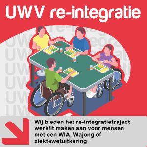 Een rood met grijze poster waarin mensen met een handicap zijn te zien. Met de tekst UWV Re-integratie en een rode pijl